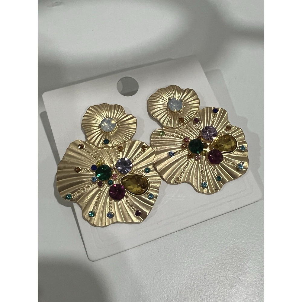 Gold Tone Floral Statement Earrings Multicolor Crystal Rhinestone Dangle Pierced